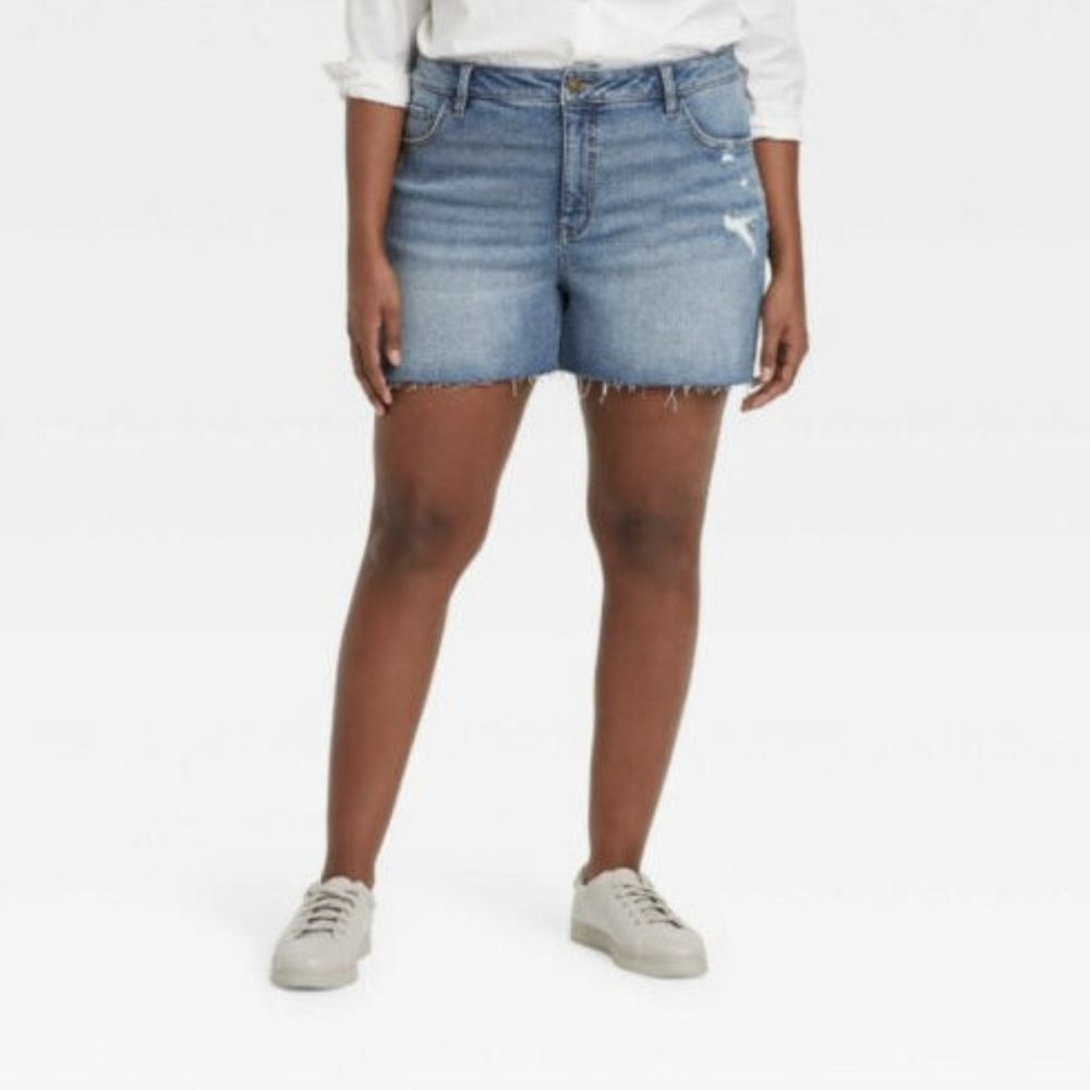 Ava & Viv Women Plus Size Destructed Midi Jean Shorts--Medium Wash - Picture 3 of 9